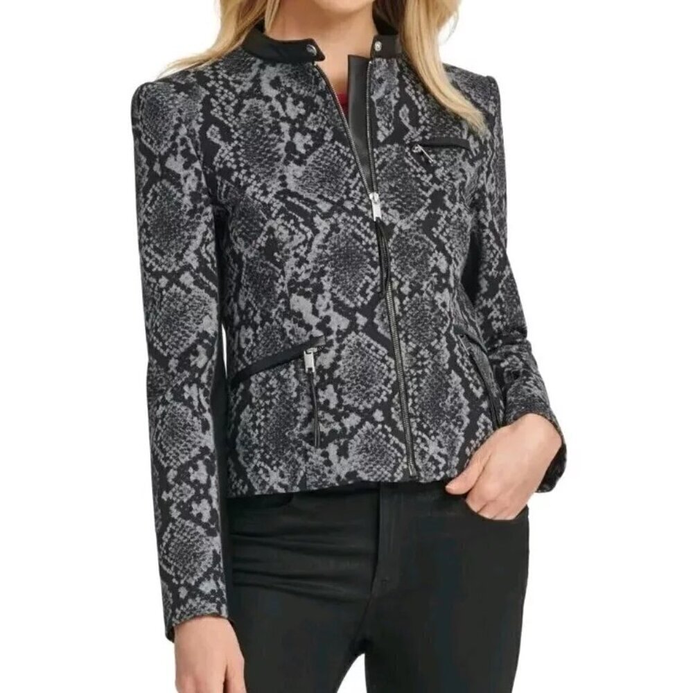 DKNY Black Grey Snakeskin Print Faux Leather Trim Jacket